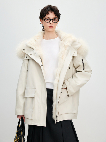 women's Fox Fur Lined Parka Coat With Detachable Fur Trim