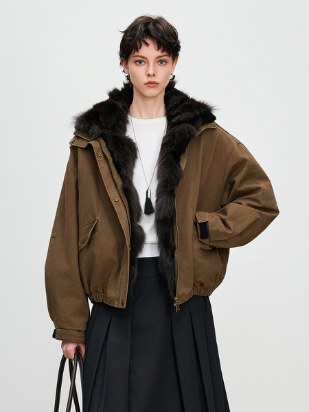 coffee women's Denim Parka With Fox Fur Lining Winter Coat