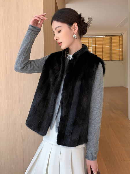 black reversible Mink Fur Vest Chinese Style Winter Waistcoat For Women