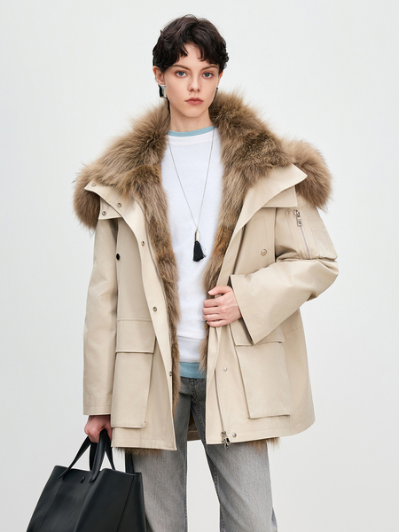 two-Tone Parka With Detachable Raccoon Fur Collar And Wolf Fur Liner