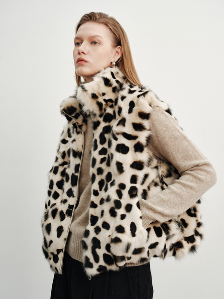 snow Leopard Print Fox Fur Vest For Women