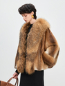 natural mink color women's Mink Fur Coat With Raccoon Fur Collar Winter Overcoat
