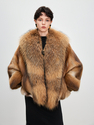 natural mink color women's Mink Fur Coat With Raccoon Fur Collar Winter Overcoat