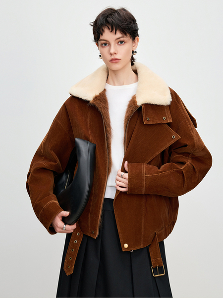 sun Gold flocked Denim Parka With Full Mink Fur Lining