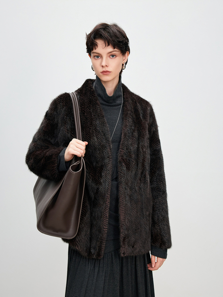 coffee women's Mink Fur Coat V-Neck Patchwork Winter