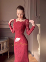 red vintage Lace Mermaid Formal Long-Sleeve Long Dress