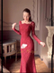 red vintage Lace Mermaid Formal Long-Sleeve Long Dress