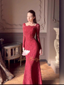 red vintage Lace Mermaid Formal Long-Sleeve Long Dress