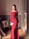 red vintage Lace Mermaid Formal Long-Sleeve Long Dress