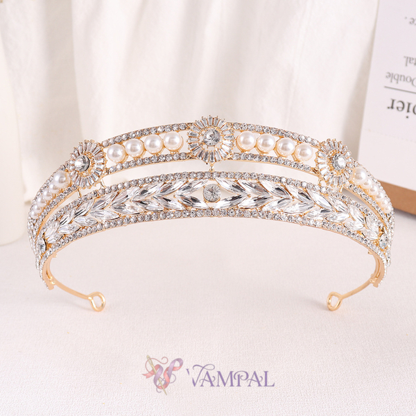 european Court Style Bridal Crown Rhinestone Pearl Tiara