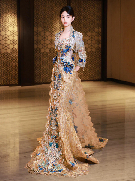 as shown in the picture champagne Gold Blue Xiuhe Fu Wedding Dress Heavy Craft Trailing Bride Toast Gown Chinese Style Bridal Winter