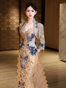 as shown in the picture champagne Gold Blue Xiuhe Fu Wedding Dress Heavy Craft Trailing Bride Toast Gown Chinese Style Bridal Winter