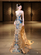 as shown in the picture champagne Gold Blue Xiuhe Fu Wedding Dress Heavy Craft Trailing Bride Toast Gown Chinese Style Bridal Winter