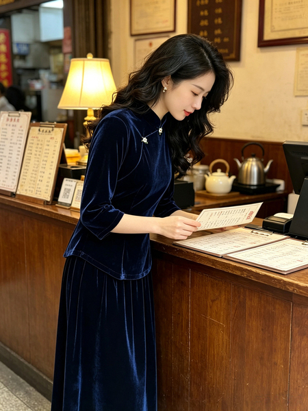 solid Color Velvet Long-Sleeve Qipao Two-Piece Dress