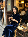 solid Color Velvet Long-Sleeve Qipao Two-Piece Dress