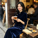 solid Color Velvet Long-Sleeve Qipao Two-Piece Dress