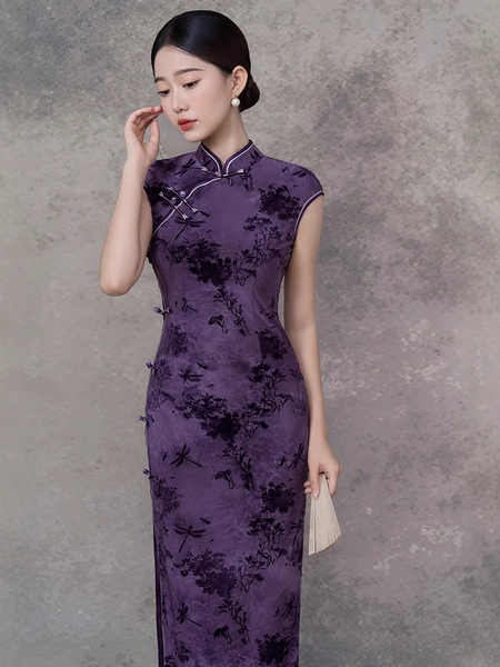 9637 Purple Sleeveless purple Flocked Sleeveless Qipao Dress Retro Chinese Style