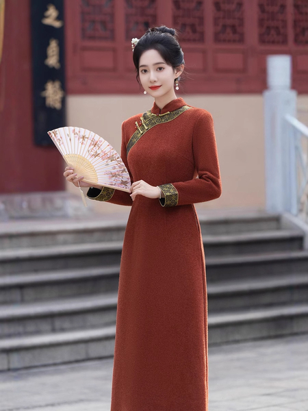 golden Mink Velvet Long A-Line Qipao Dress