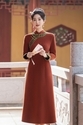 golden Mink Velvet Long A-Line Qipao Dress
