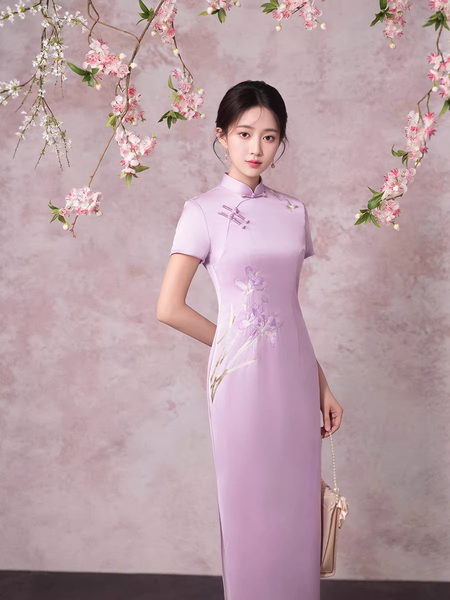 2670 Purple Iris purple Embroidered Iris Qipao Short Sleeve Long Dress