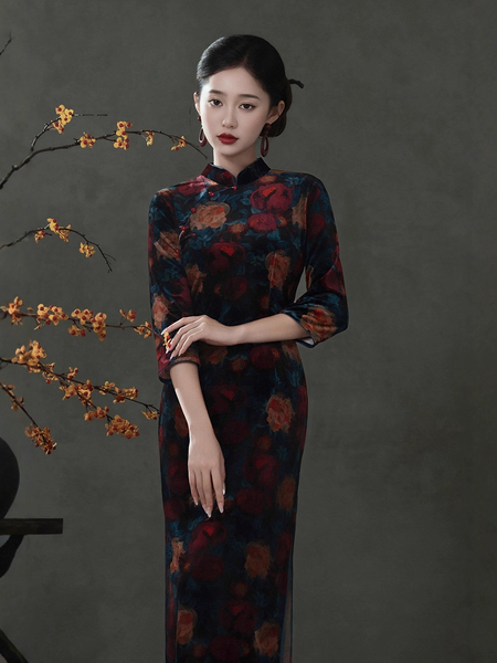 black Velvet Print Qipao Dress Retro Chinese Style