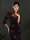 black Velvet Print Qipao Dress Retro Chinese Style
