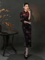 black Velvet Print Qipao Dress Retro Chinese Style