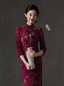 vintage Style Stretch Velvet 3/4 Sleeve Qipao Dress