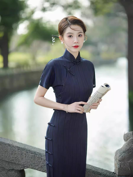 striped Cotton Linen Qipao Midi Dress