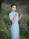 striped Cotton Linen Qipao Midi Dress