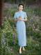 striped Cotton Linen Qipao Midi Dress