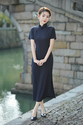 striped Cotton Linen Qipao Midi Dress