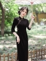 black Velvet Long Qipao With Three-Quarter Sleeves