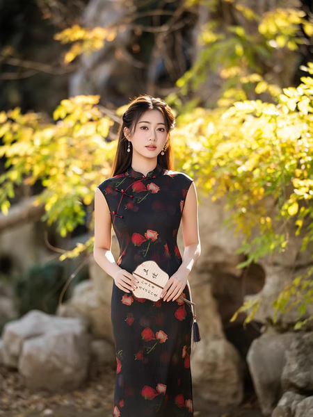 2608 Lingluo Satin vintage Chinese Rose Print Sleeveless Long Qipao