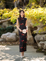2608 Lingluo Satin vintage Chinese Rose Print Sleeveless Long Qipao