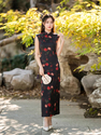 2608 Lingluo Satin vintage Chinese Rose Print Sleeveless Long Qipao