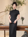 elegant Black Long Qipao Slim Fit Chinese Style Dress