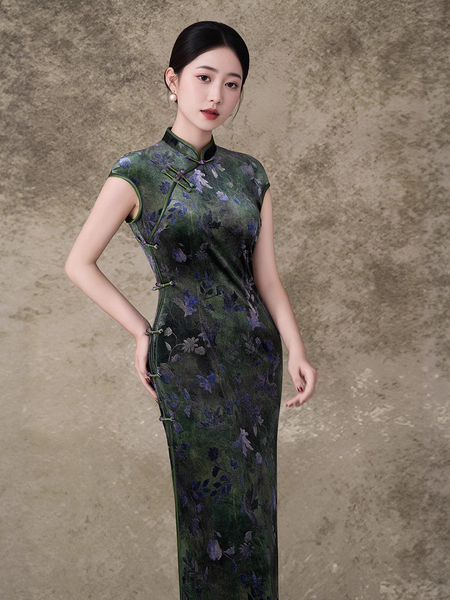 vintage Chinese Style Long Velvet Qipao Dress