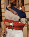 women's Chain Halter Print Long Sleeve Button Top