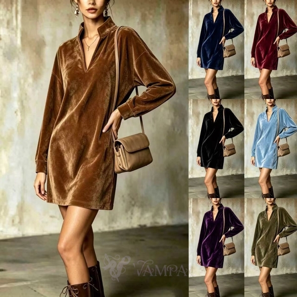 velvet Stand Collar V-Neck Long Sleeve Loose Dress