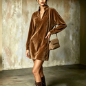 velvet Stand Collar V-Neck Long Sleeve Loose Dress