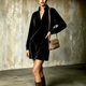 velvet Stand Collar V-Neck Long Sleeve Loose Dress