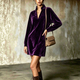 velvet Stand Collar V-Neck Long Sleeve Loose Dress