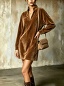 velvet Stand Collar V-Neck Long Sleeve Loose Dress