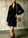 velvet Stand Collar V-Neck Long Sleeve Loose Dress