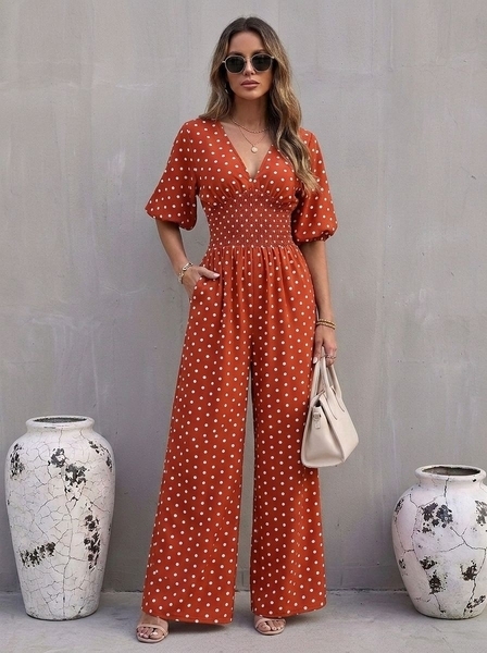 european Style Women's Long Wide Leg Jumpsuit With Bubble Sleeves