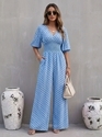 european Style Women's Long Wide Leg Jumpsuit With Bubble Sleeves