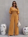 european Style Women's Long Wide Leg Jumpsuit With Bubble Sleeves