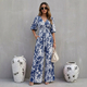 european Style Women's Long Wide Leg Jumpsuit With Bubble Sleeves