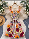 3D Floral Embroidery Spaghetti Strap Cinched Waist Summer Dress